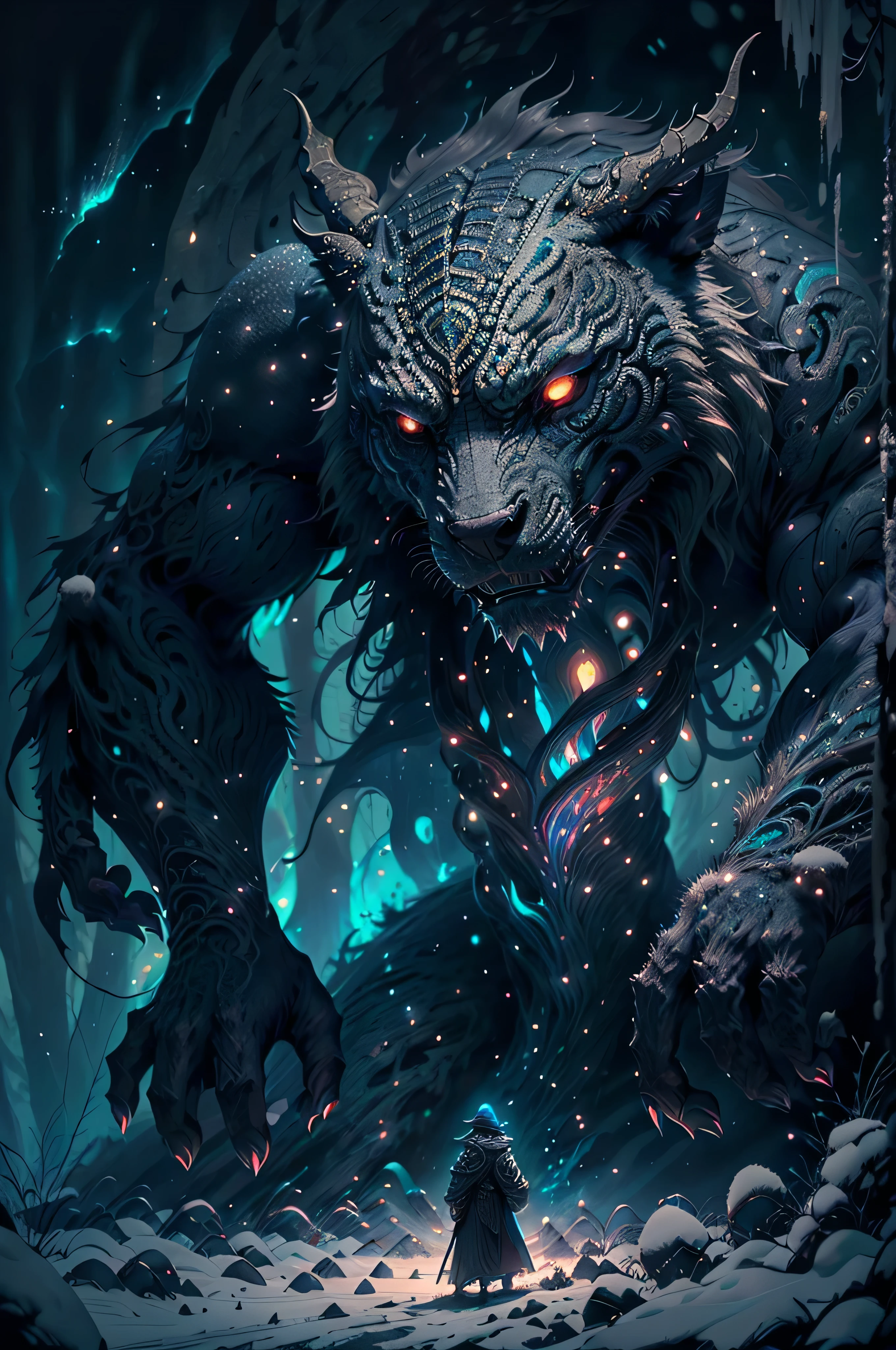 (((masterpiece))), Extremely detailed, vivid colors, bioluminescence, human wizard standing on a wintery scene dark ambiance, strong muscles, (intricate details: 1.6) face focused, Brave,
