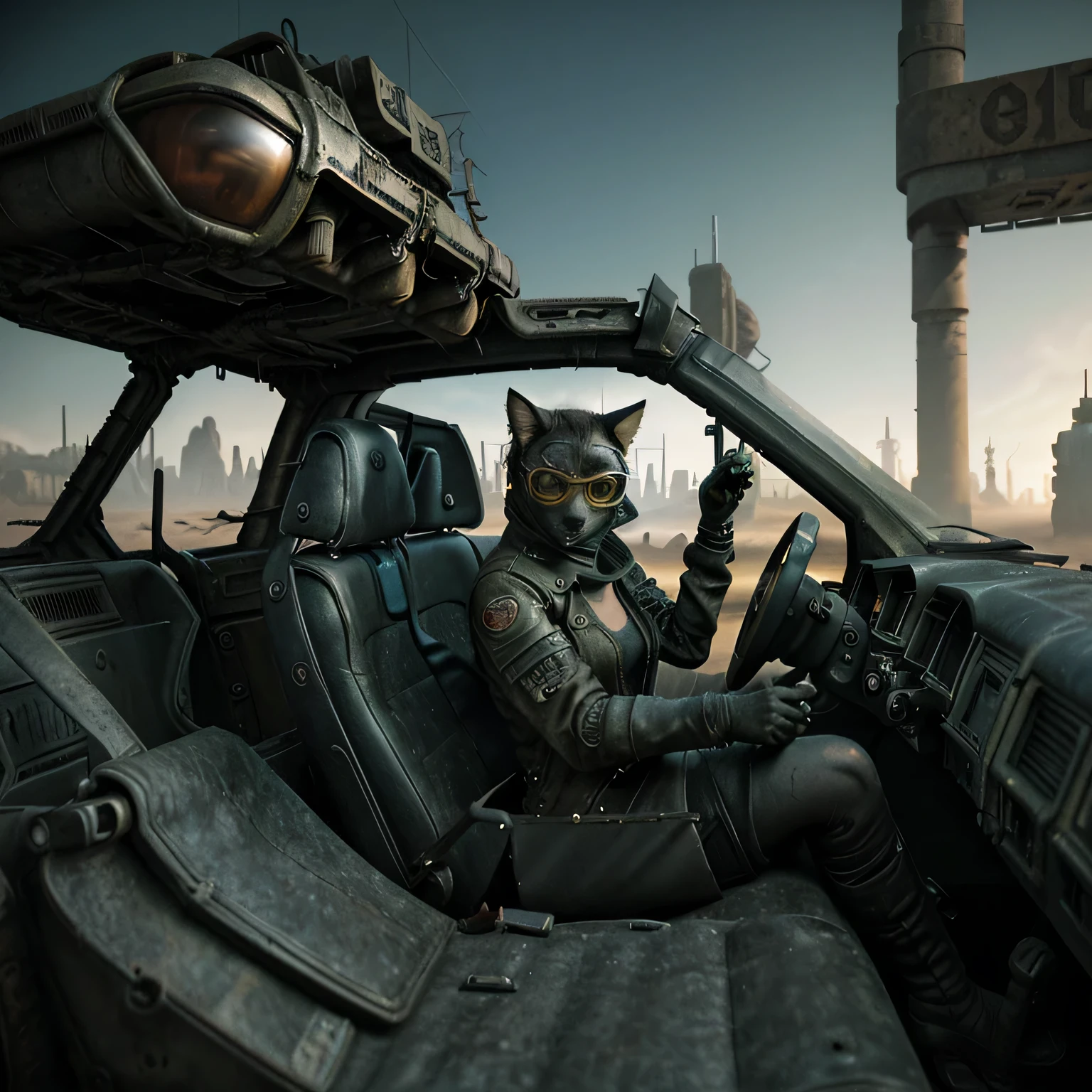 A futuristic and captivating movie poster for a "Mad Max"-inspired film, featuring anthropomorphic cats in post-apocalyptic settings. The 3D render showcases the protagonist cat, wearing a goggles and leather jacket, driving a customized wasteland vehicle. The background reveals a desolate and dangerous landscape, with remnants of civilization and eerie, glowing structures. The overall atmosphere is a mix of adrenaline-pumping action and dystopian mystery., cinematic, illustration, 3d render, poster, photo