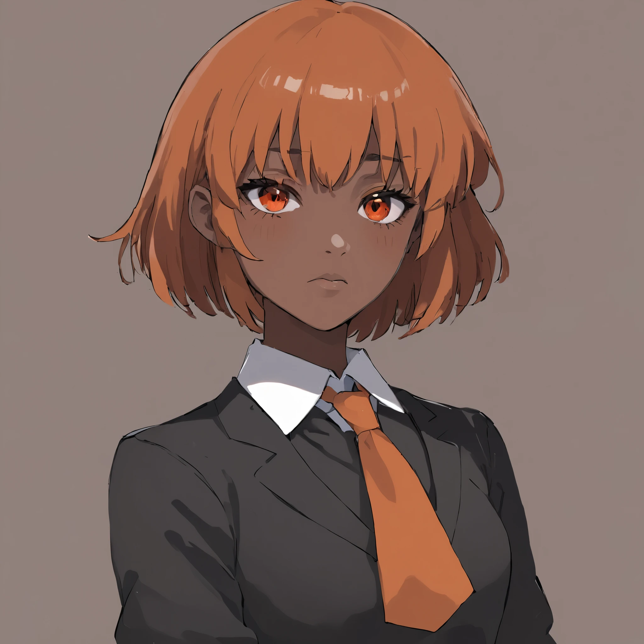 1 girl, Anime style, dark skin, Red eyes, pistachio hair, square, bangs cover the eye, Orange clothes, black tie, blue skirt
