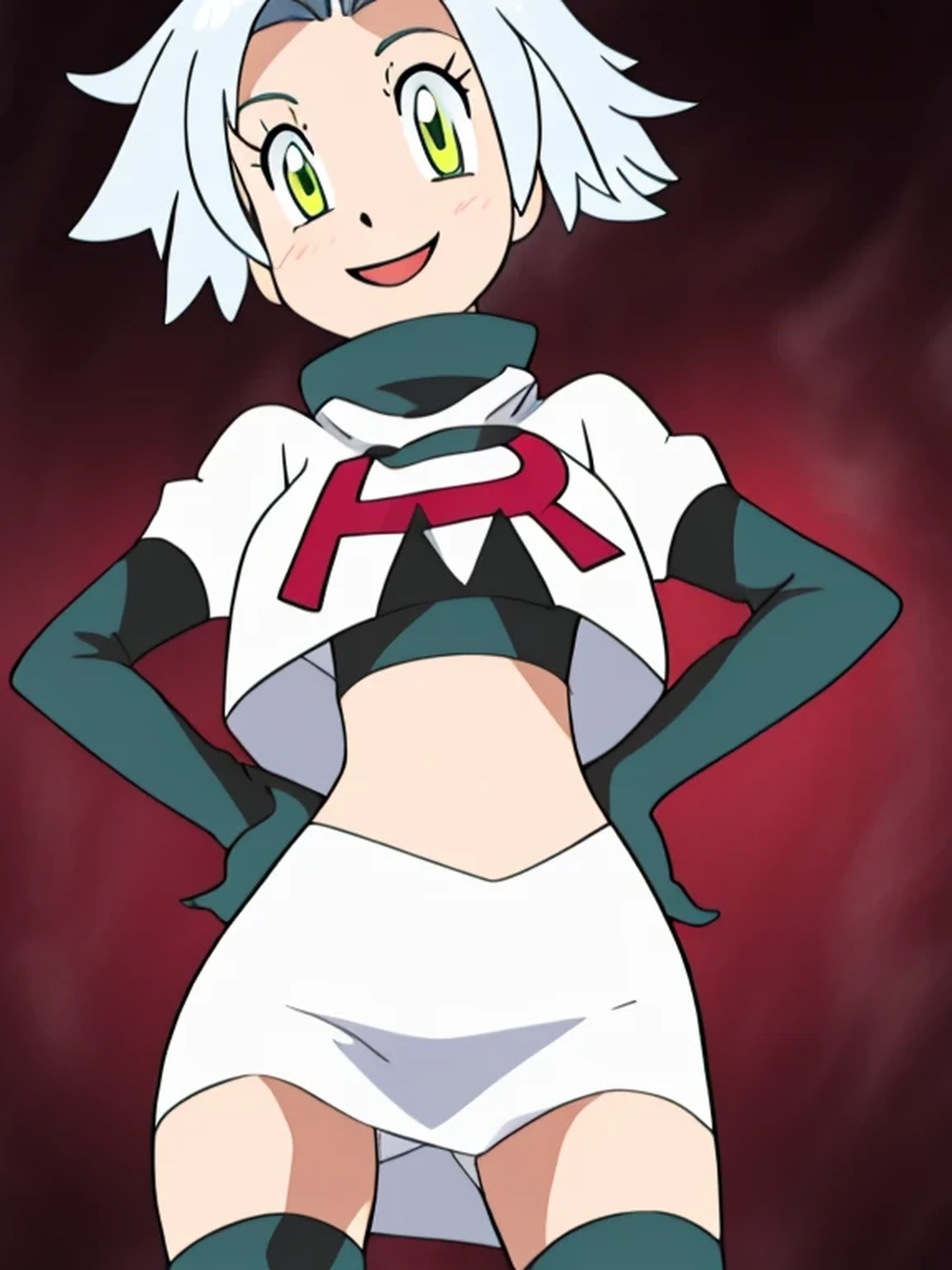 8k, masterpiece,highres, team rocket uniform, red letter r, white skirt,white crop top,black thigh-high boots, black elbow gloves, smiling, looking down at viewer, hands on hips, cowboy shot, zettai ryouiki,from below, black panties,anime style, vivid colors, sharp focus, intense lighting,fie claussell, trails of cold steel