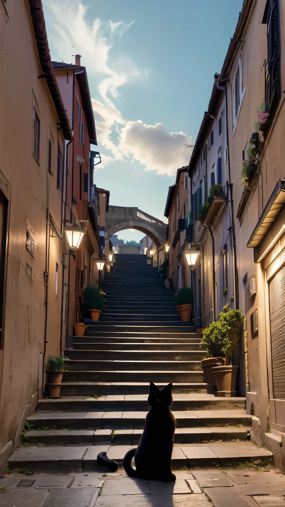 Masterpiece, Concept Art, A busy Alley in Rome Italy, tourists shopping, magical evening sky, black 1cat sits of steps observing, vibrant, aesthetic , extreme details, 8k resolution detailed, trending on artstation, pastel colours