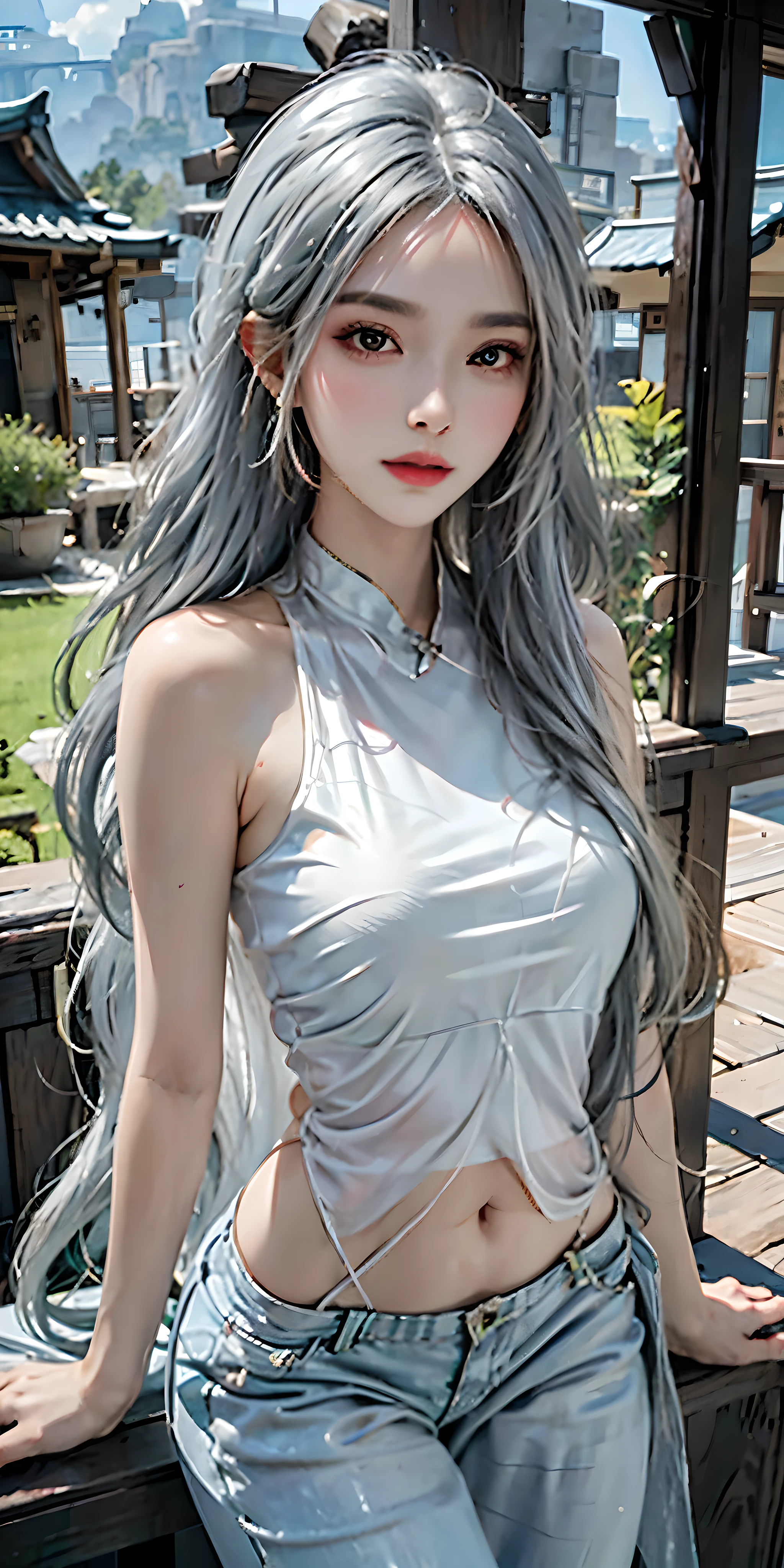 lifelike, High resolution, soft light,1 female, alone, Hips raised, (Detailed face),tattoo, jewelry, shiny hair, long hair,hair_decoration,hair_between_Eye, long_hair, (silver_hair:1.2),Bangs, Genshin Impact, shenhe \(Genshin Impact\), shenhe \(Genshin Impact\), grassland, mountain background, shenhe, Features \(series\)