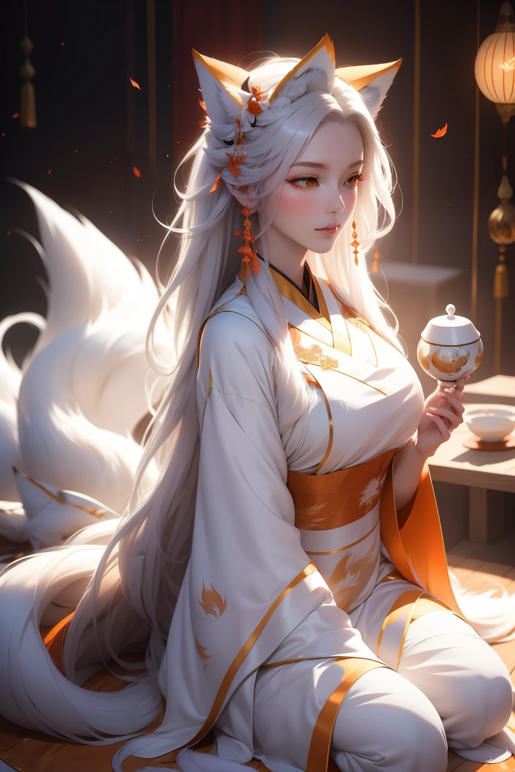 Picture Prompt: Nine-tailed Fox Sipping Milk Tea

Generative Description:

Amidst a vast expanse of pure white, reclines a majestic nine-tailed fox. This exquisite creature lies gracefully on the ground, its long, luxurious tail curled elegantly around its body. Nine brilliantly red feathers adorn its tail, each one flickering like a live ember. The nine-tailed fox wears a traditional collar and accessories, enhancing its regal and mystical appearance.

Around the serene creature lie paper milk tea cups, the white porcelain standing out against the abundant white background. The