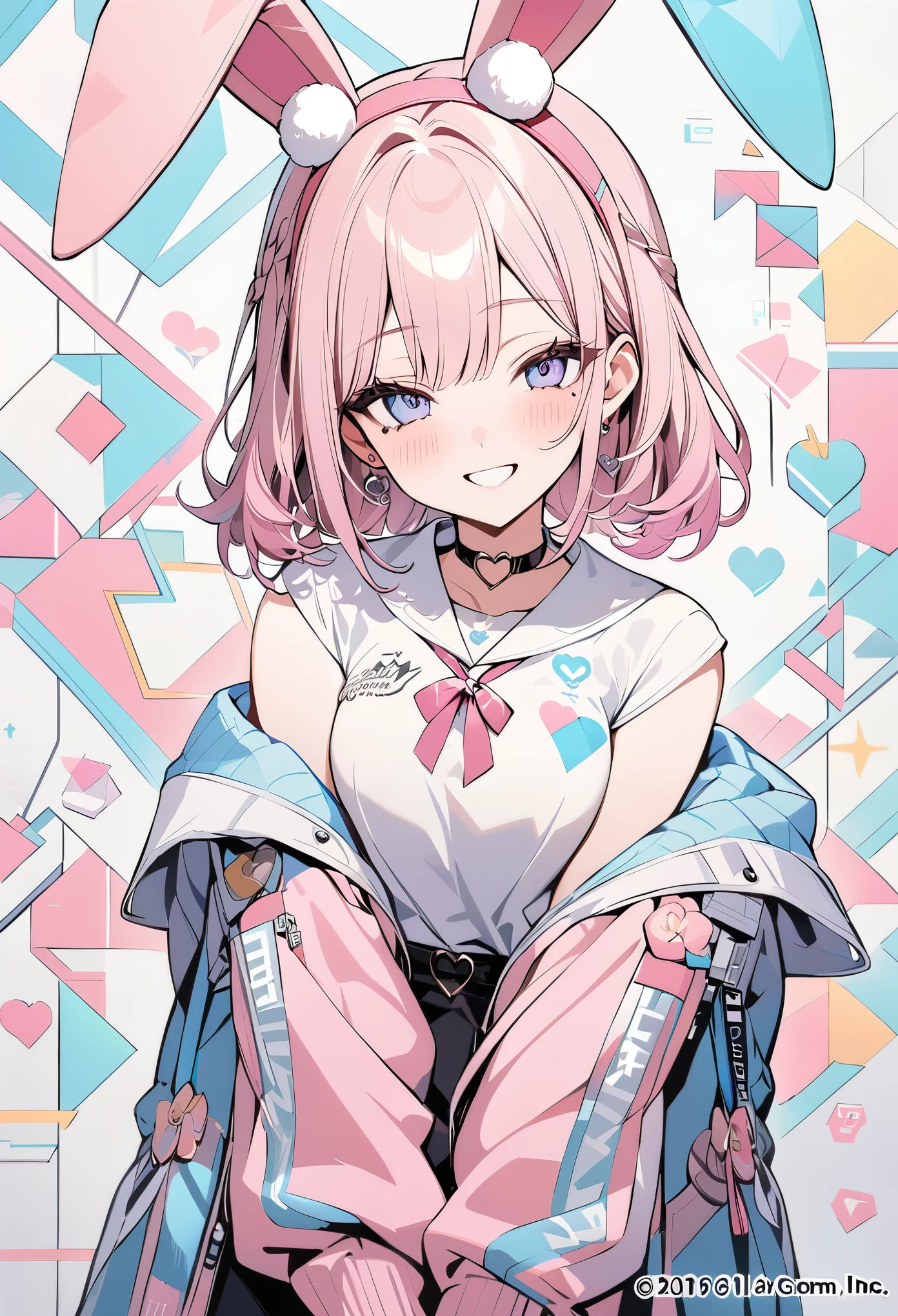 ,beautiful flower々),mole under eye, heart shaped choker, (masterpiece, highest quality), official art, beautiful and aesthetic: 1.2), (1 girl), very detailed, (geometry art: 1.3), colorful、pink bob hair、Pig hoodie shirt、mini skirt