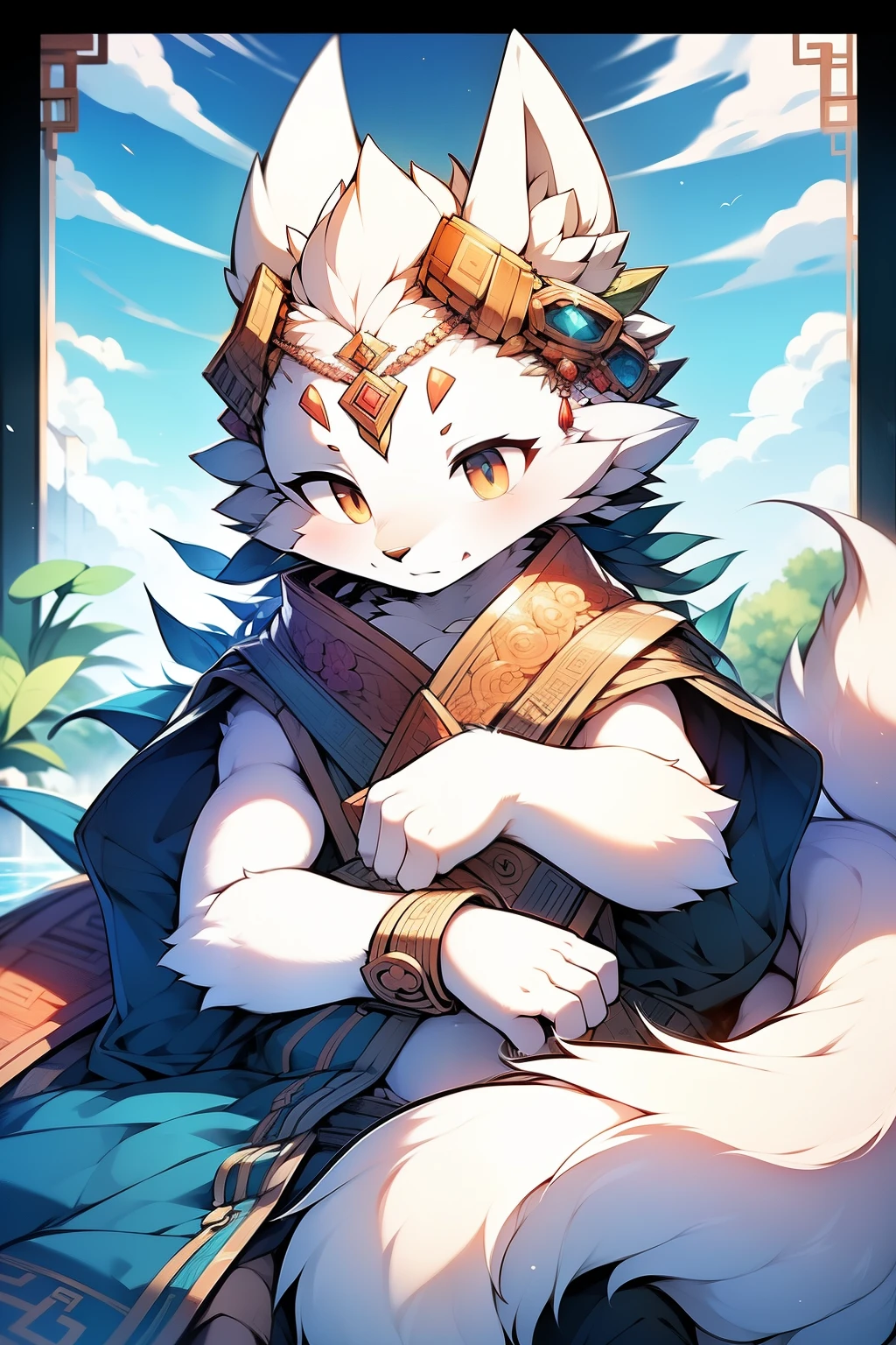 Divine artwork, ultimate precision, unmatched quality, masterful strokes, ethereal beauty, intricate details, celestial creature, captivating gaze, mystical aura, enchanting charm, red and white color palette, serene expression, elegant posture, curled up on the ground, delicate collar adorned with accessories, exquisite craftsmanship, flowing white fur, lengthy majestic tail, feathers gently cascading, divine nine-tailed fox, imbued with spiritual energy, auspicious clouds enveloping the scene, traditional Chinese influence, resplendent Chinese motif, flat style background showcasing auspicious clouds, harmonious fusion of traditional and modern elements.