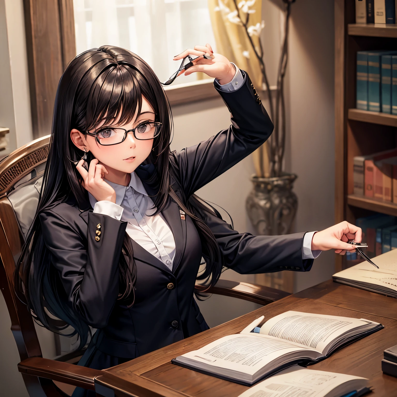 Chica de grandes pechos. Vestida de secretaria. Cabello negro con flequillo en la frente. Gafas, escote amplio
