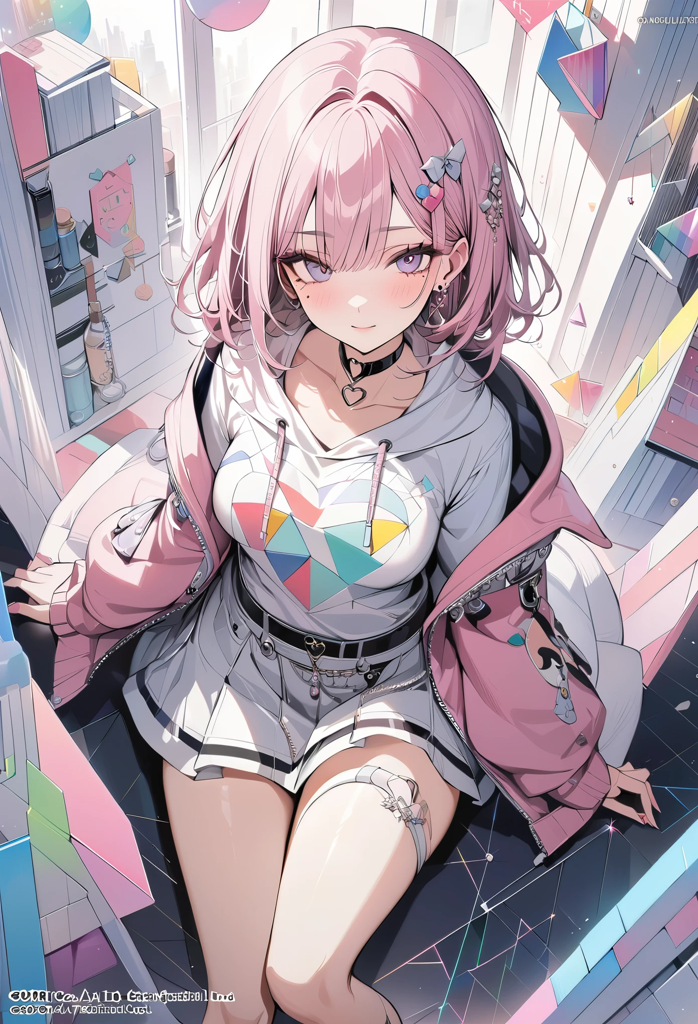 ,beautiful flower々),mole under eye, heart shaped choker, (masterpiece, highest quality), official art, beautiful and aesthetic: 1.2), (1 girl), very detailed, (geometry art: 1.3), colorful、pink bob hair、Penguin hoodie shirt、mini skirt