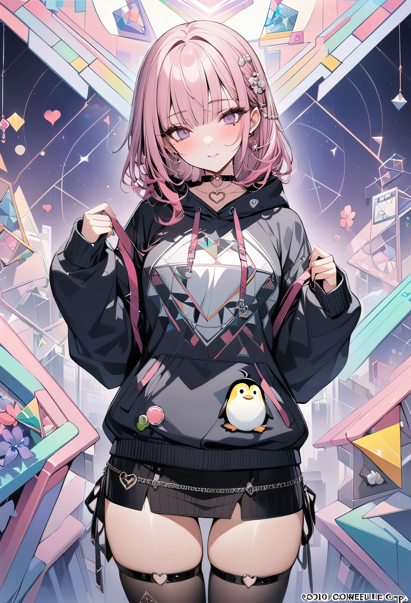 ,beautiful flower々),mole under eye, heart shaped choker, (masterpiece, highest quality), official art, beautiful and aesthetic: 1.2), (1 girl), very detailed, (geometry art: 1.3), colorful、pink bob hair、Penguin hoodie shirt、mini skirt