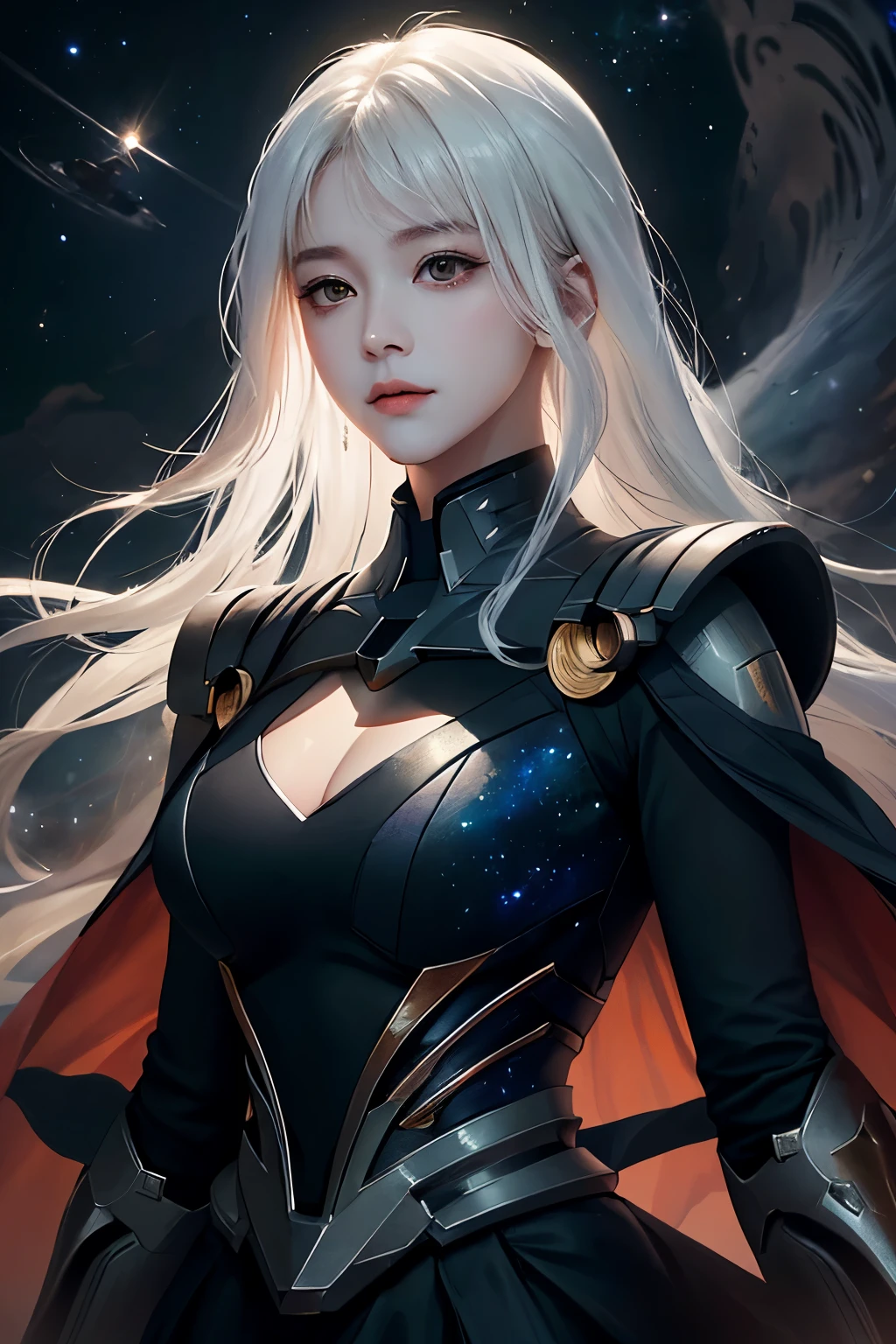 Beautiful woman with，Exuding the aura of fanatical power，floating in space，Step out of the giant robot cockpit，white long sleeve dress，whole body，long skirt，Radiate brilliance，（Fly in the sky，divine light,masterpiece：1.4），（best quality：1.4），（beauty的女孩，Very rich facial details，white hair， hair loose，luster， Bokeh， Ultra-detailed RAW quality, moon，universe，nebula，Milky Way，close up, （Manipulate light），lifelike, High resolution, soft light,1名miss, keen vision, noble and inviolable temperament, (([miss]: 1.2 + [beauty]: 1.2 + Long white hair: 1.2)), Bright Eyes, 清晰beauty, beauty细致眼神, Good 8KCG wallpaper, official art， super detailed， masterpiece， best quality，