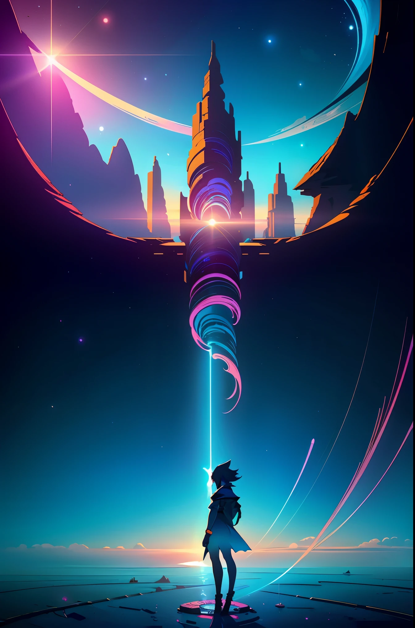 (best quality),anime, a girl standing on a cliff looking at a spiral, cyberpunk art inspired by Yuumei, trending on pixiv, space art, makoto shinkai cyril rolando, cosmic skies. by makoto shinkai, dreamy psychedelic anime, beautiful anime scene, anime epic artwork, watching the sun set. anime, realism | beeple