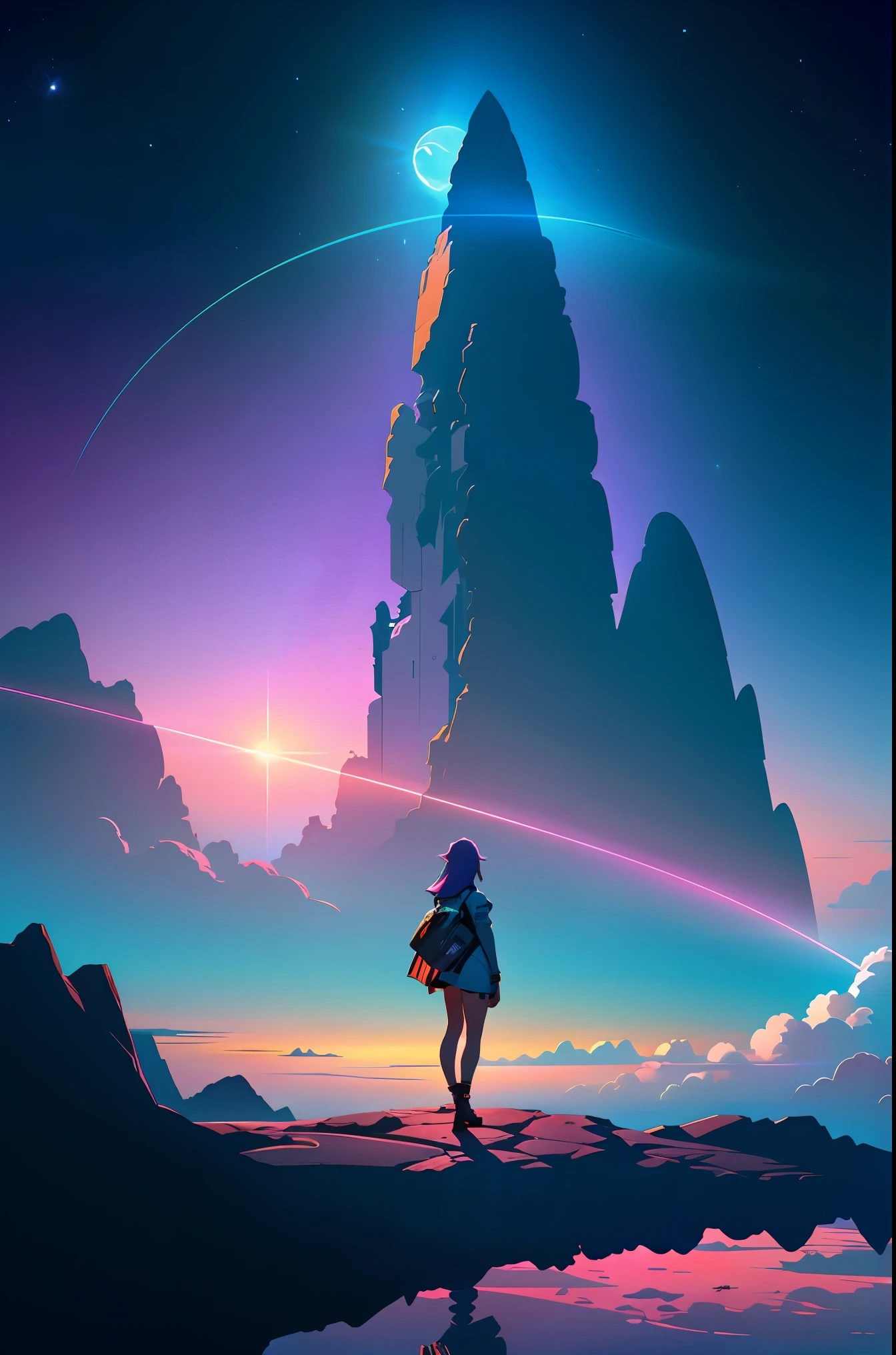 (best quality),anime, a girl standing on a cliff looking at a spiral, cyberpunk art inspired by Yuumei, trending on pixiv, space art, makoto shinkai cyril rolando, cosmic skies. by makoto shinkai, dreamy psychedelic anime, beautiful anime scene, anime epic artwork, watching the sun set. anime, realism | beeple