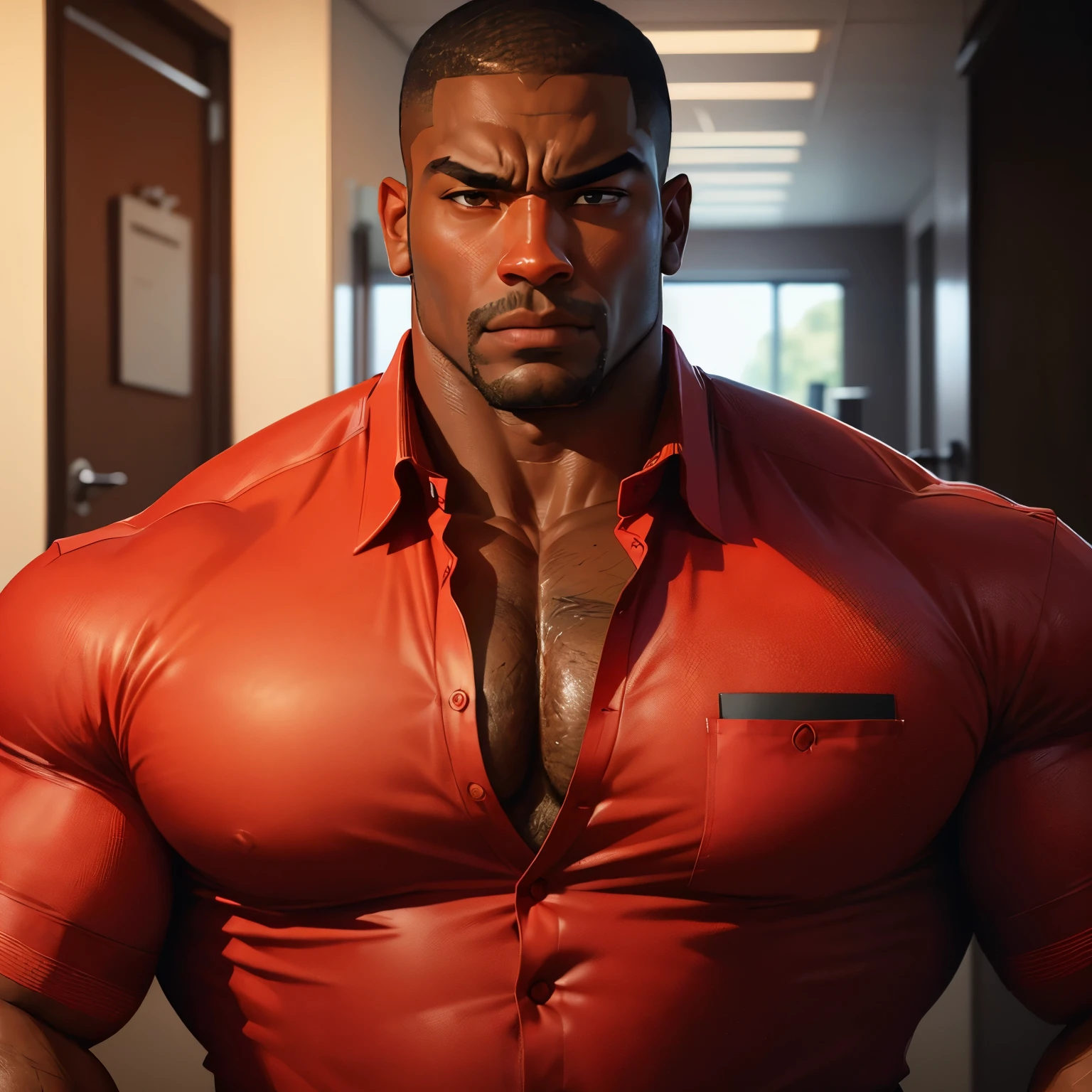 an exaggeratedly muscular and large bodyguard, dark-skinned african american male, buzzcut hair with square line, (wearing red button-down business shirt: 1.2), name tag, (bara pecs: 1.3), (arm and chest hair: 1.1), close-up portrait HD, bright corporate office