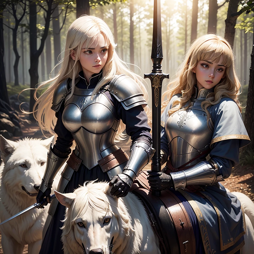 Paladin female soldier, medieval warrior female warrior wearing light attribute armor, magical world(The background is a small medieval town next to a forest)Holding the holy sword in his hand, he rides a giant white wolf solemnly and domineeringly