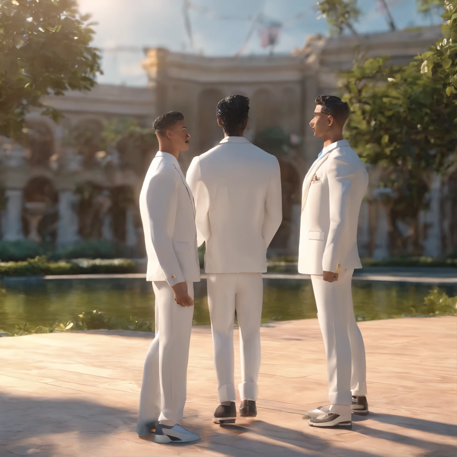 IP of two men the first is small and with white skin he is dressed all in black and the second has black skin and is dressed all in white the two men turn their backs to each other