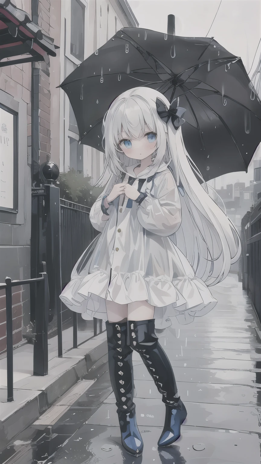 long hair，little girl，loli，blue eyes，rain，street scene，raincoat，Rain boots，holding an umbrella in her hand，