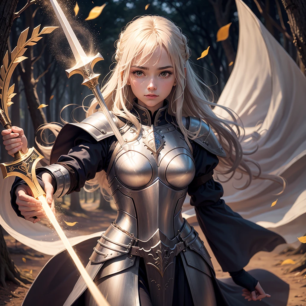 Paladin magician medieval warrior female warrior wearing light attribute armor magic world(The background is a small medieval town next to a forest)Holding the holy sword solemnly and domineeringly