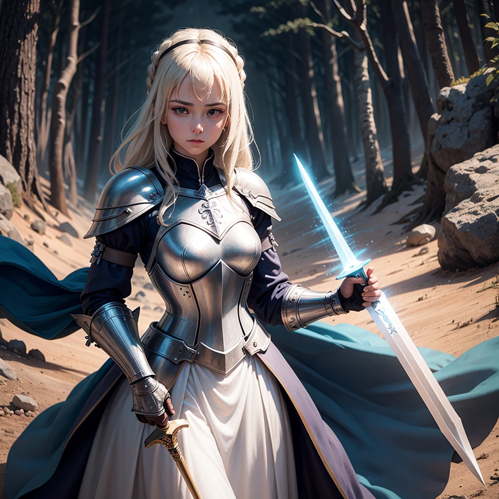 Paladin magician medieval warrior female warrior wearing light attribute armor magic world(The background is a small medieval town next to a forest)Holding the holy sword solemnly and domineeringly