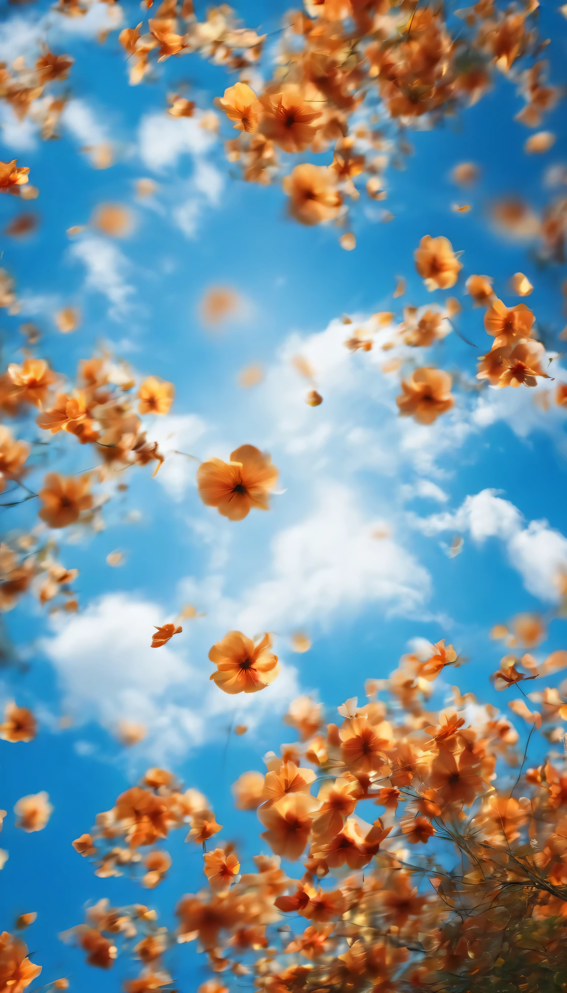 allegorical image of an explosion of flowers and flying petals, background of a blue sky with white clouds
