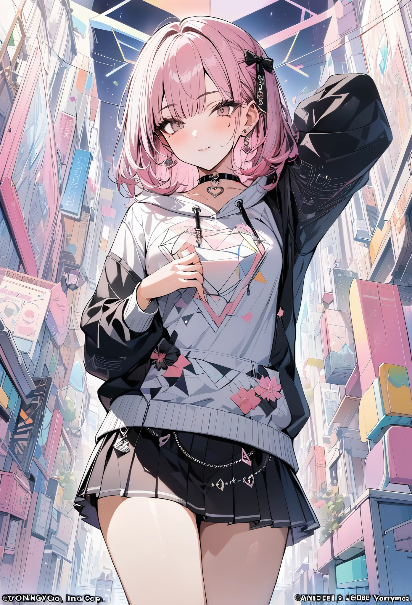 ,beautiful flower々）,mole under eye, heart shaped choker, (masterpiece, highest quality), official art, beautiful and aesthetic: 1.2), (1 girl), very detailed, (geometry art: 1.3), colorful、pink bob hair、Penguin hoodie shirt、mini skirt
