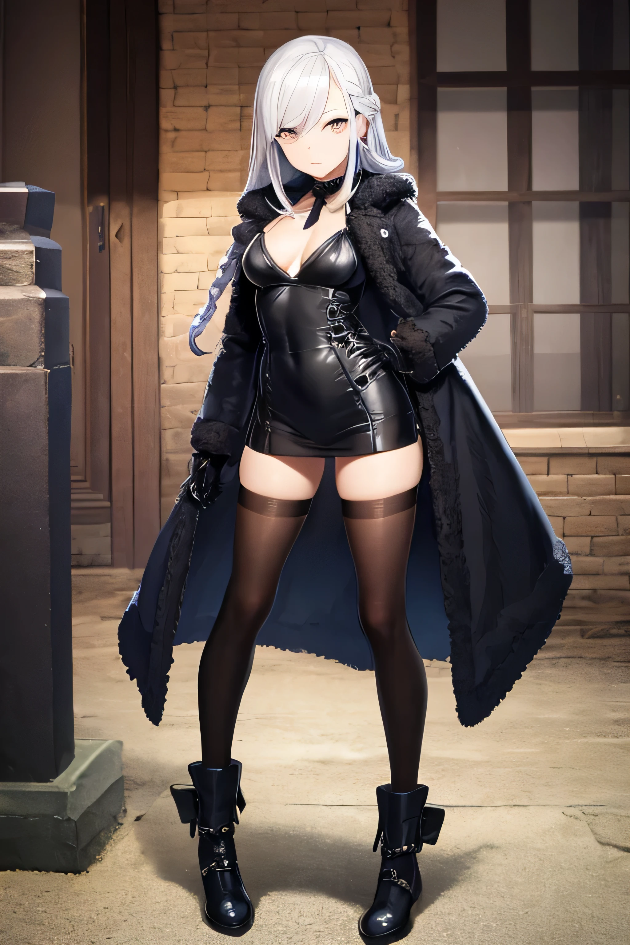 ((best quality)), ((masterpiece)), (detailed), perfect face, silver hair, black coat, full body image, silver eyes, 1girl, braided hair