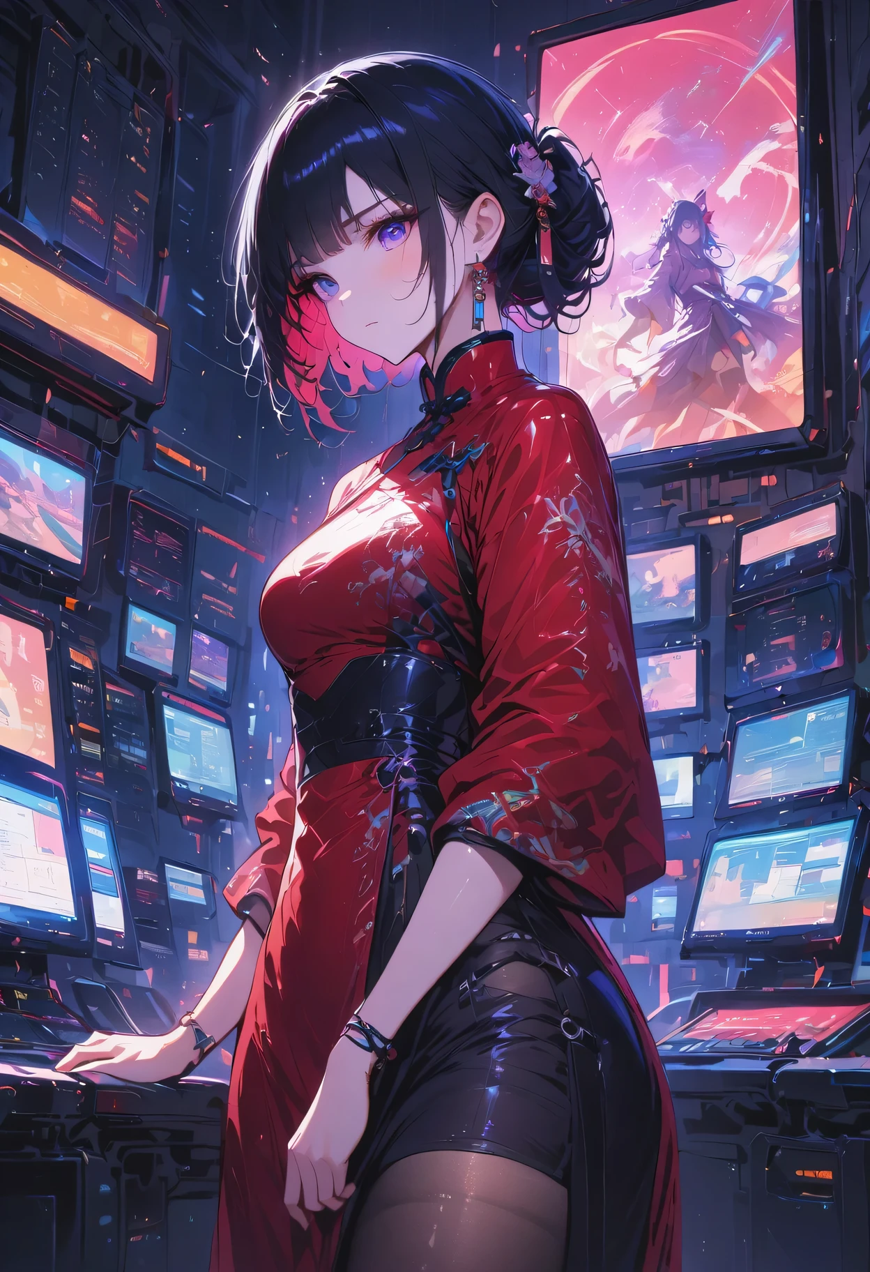 (Highest resolution, Clearly_image), best quality, masterpiece, Very detailed, semi-realistic, black short hair, Commander Cheng in Hanfu, triple bangs, Black, black pleated skirt, , spaceship space, control room, cyberpunk