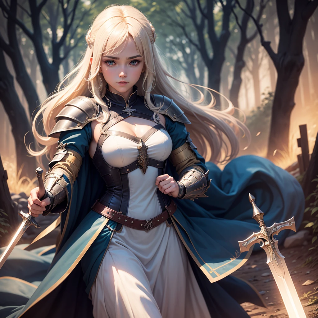 Paladin, female magician, medieval warrior, female warrior wearing light-attribute armor, magical world（The background is a small medieval town next to a forest）Holding the holy sword solemnly and domineeringly