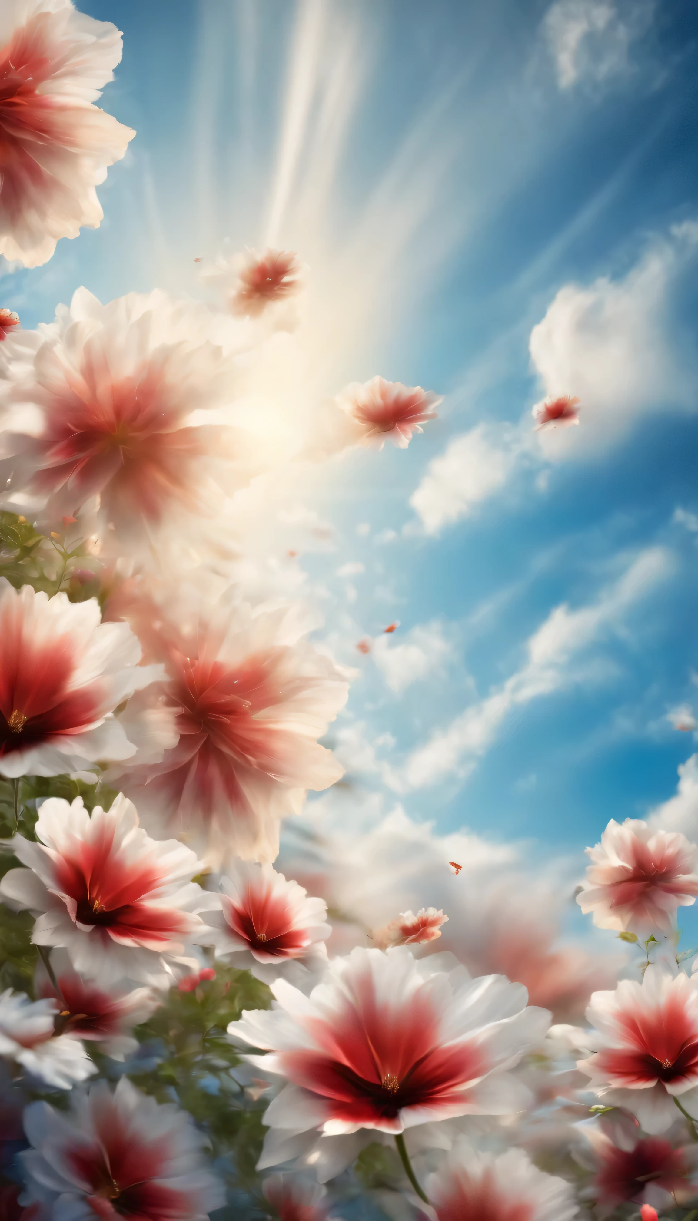 allegorical image of an explosion of flowers and flying petals, background of a blue sky with white clouds