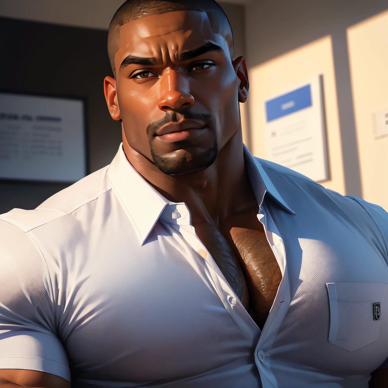 an exaggeratedly muscular and large bodyguard, dark-skinned african american male, buzzcut hair with square line, (wearing business shirt: 1.2), name tag, (bara pecs: 1.3), (arm and chest hair: 1.1), close-up portrait HD, bright corporate office