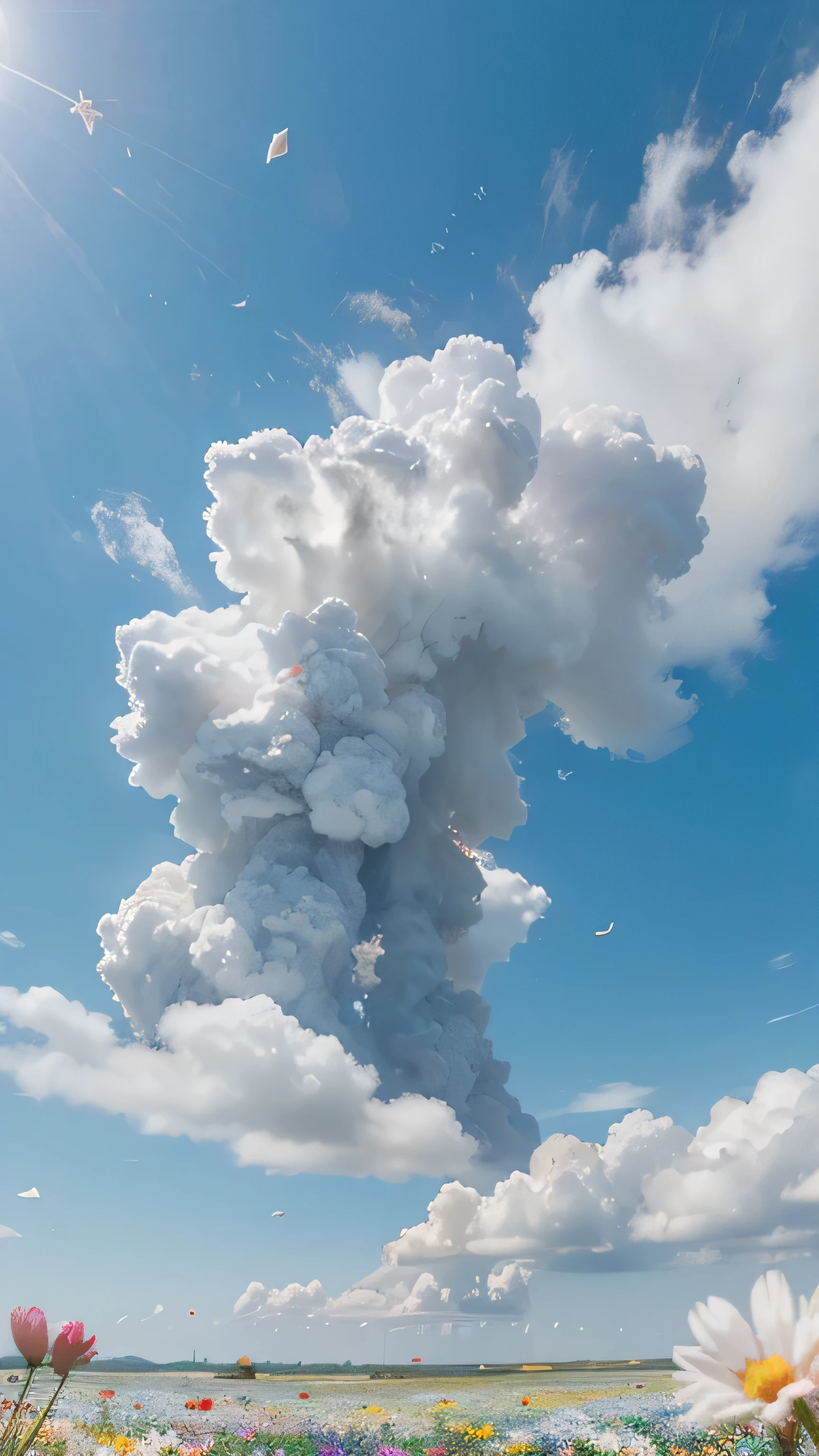 allegorical image of an explosion of flowers and flying petals, background of a blue sky with white clouds