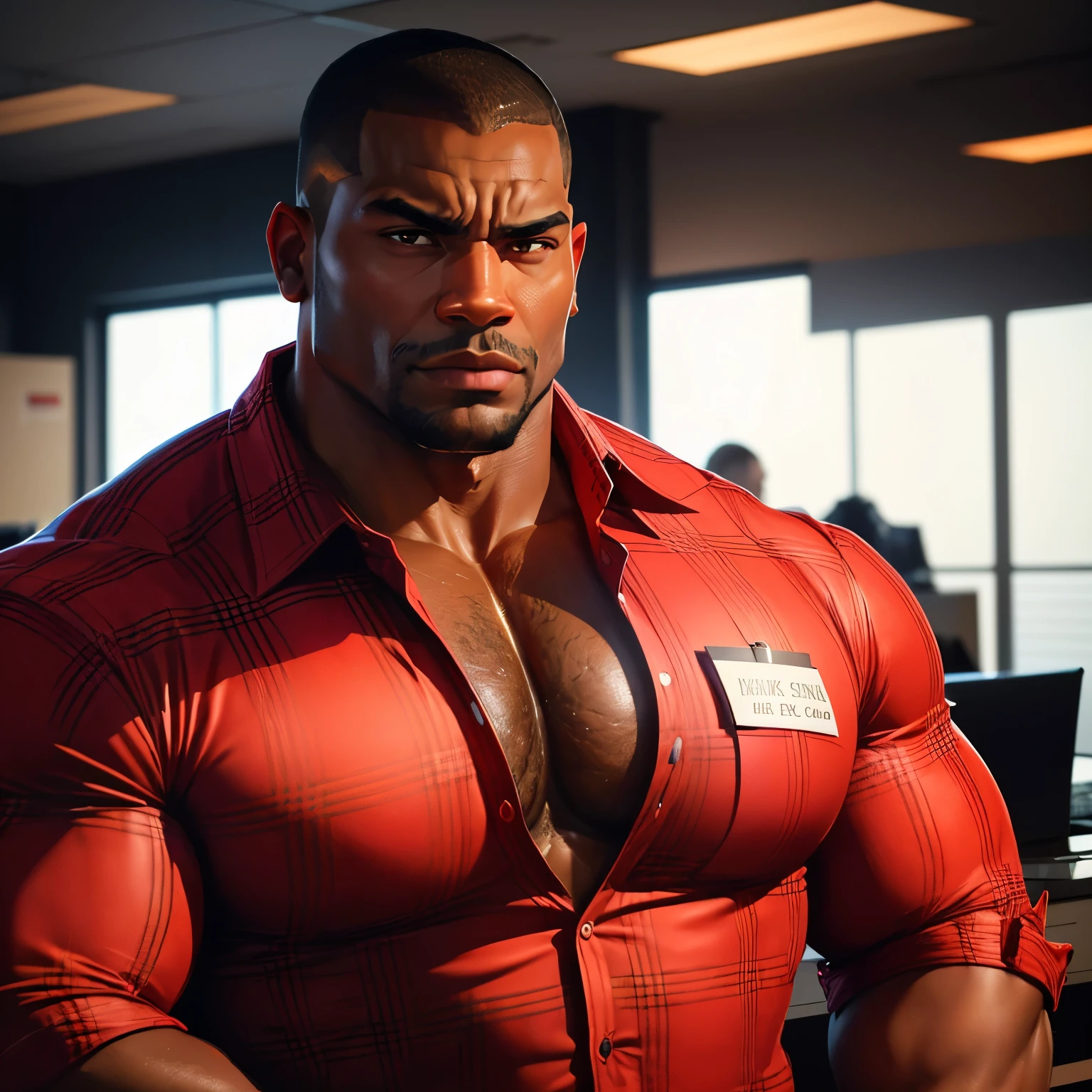 an exaggeratedly muscular and large bodyguard, dark-skinned african american male, buzzcut hair with square line, (wearing red plaid business shirt: 1.2), name tag, (bara pecs: 1.3), (arm and chest hair: 1.1), close-up portrait HD, bright corporate office