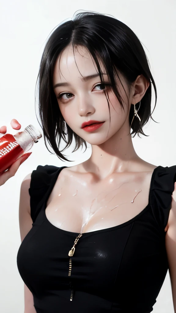 mature woman, Beautiful woman、(Sweat,vapor, Vulgarity), ((tight white long maxi sweater dress))、big cleavage、tight clothes、(full shot, red makeup、pink glossy lipstick)、long shot, Beautiful depiction、knowledgeable person、detailed background、quality people々、high quality face、Ultra-high-definition animation、(beautiful black hair:1.8)、earrings、clavicle、((((((Sweat))))))、Wet, loose clothes, (((A captivating maxi dress that shows off your obscene body line))), background bokeh、detailed background、field、night、drunk、Holding a liter plastic bottle in hand、