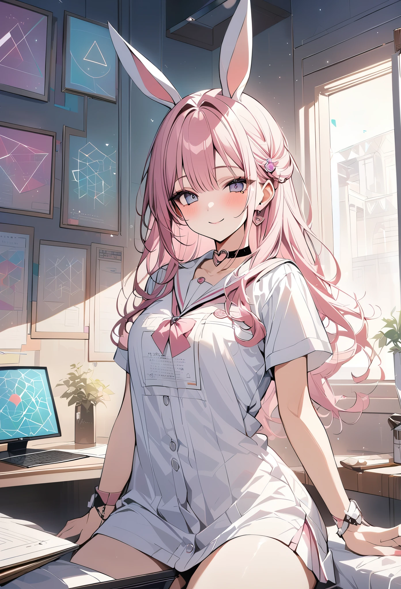 ,beautiful flower々),mole under eye, heart shaped choker, (masterpiece, highest quality), official art, beautiful and aesthetic: 1.2), (1 girl), very detailed, (geometry art: 1.3), colorful、pink bob hair、rabbit ears、 whole body、smile、university uniform