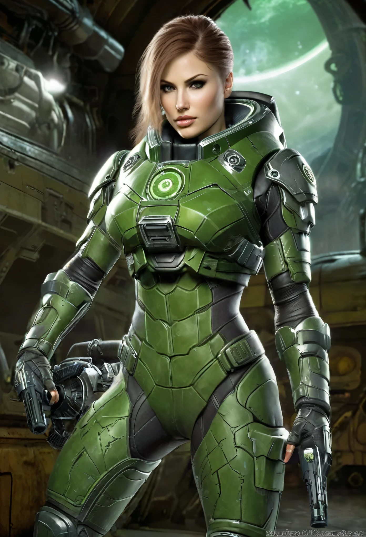 cuerpo entero,hembra con cara rara de alienigena extraterrestre pero bellisima, con ojos supergrandes en relacion con su cara, con iris de color verde,con el uniforme militar sexy de gears of war,(se encuentra en centro de control de estacion espacial).8k.