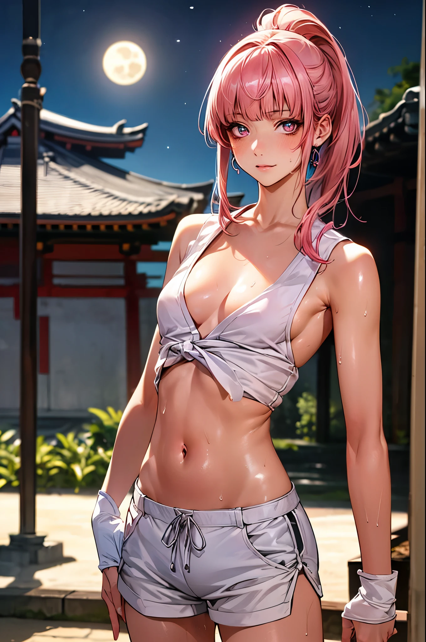 nsfw,((perfect anatomy,realistic,:1.4,RAW Photography:1.3,masterpiece、highest quality、Ultra - High resolution、High resolution、Highly detailed CG、8K)),cowboy shot,1 female,solo,((20 year old beauty,beautiful detailed face and eyes,gorgeous eyes,pink eyes)),((pink hair,ponytail,long hair,blunt bangs,straight hair)),((medium breasts,slender body,small head:1.4,skinny)),(oily skin,gleaming skin,shiny skin,sweat:1.4),((Karate's white uniform, cleavage,sleeveless、white micro shorts)),action pose、karate training in progress、kicking:1.7,Kicking a punching bag:1.7,jump,Japanese-style garden、Japanese-style house、Tokyo、moonlight、