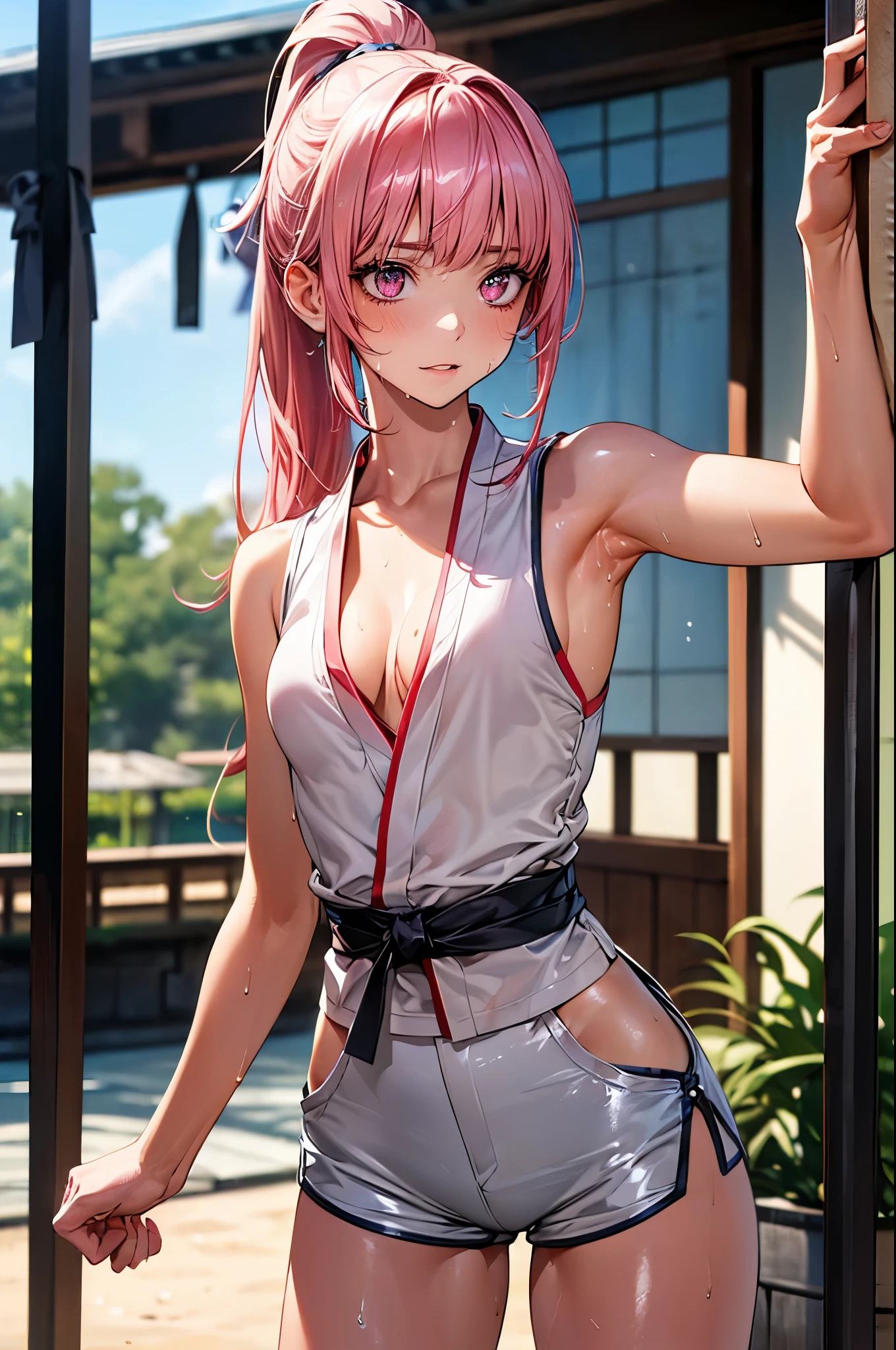 nsfw,((perfect ???????,realistic,:1.4,RAW Photography:1.3,masterpiece、highest quality、Ultra - High resolution、High resolution、Highly detailed CG、8K)),1 female,solo,((20 year old beauty,beautiful detailed face and eyes,gorgeous eyes,pink eyes)),((pink hair,ponytail,long hair,blunt bangs,straight hair)),((medium breasts,slender body,small head:1.4,skinny)),(oily skin,gleaming skin,shiny skin,sweat:1.4),((Karate's white uniform, cleavage,sleeveless、white micro shorts)),karate training in progress、kicking:1.7,Kicking a punching bag:1.7,action pose、Japanese-style garden、Japanese-style house、Tokyo、moonlight、