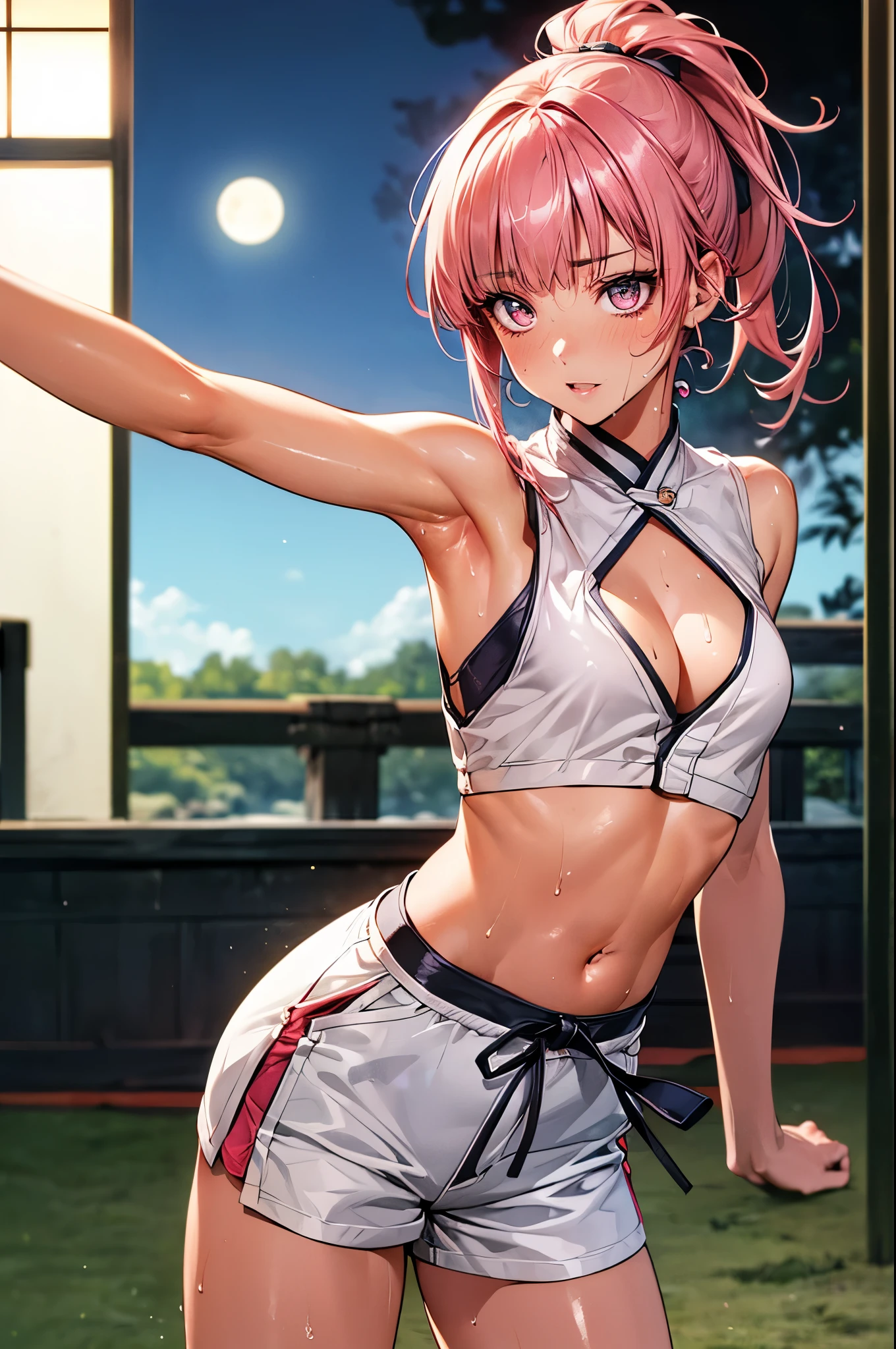 nsfw,((perfect anatomy,realistic,:1.4,RAW Photography:1.3,masterpiece、highest quality、Ultra - High resolution、High resolution、Highly detailed CG、8K)),1 female,solo,((20 year old beauty,beautiful detailed face and eyes,gorgeous eyes,pink eyes)),((pink hair,ponytail,long hair,blunt bangs,straight hair)),((medium breasts,slender body,small head:1.4,skinny)),(oily skin,gleaming skin,shiny skin,sweat:1.4),((Karate's white uniform, cleavage,sleeveless、white micro shorts)),karate training in progress、kicking:1.7,Kicking a punching bag:1.7,action pose、Japanese-style garden、Japanese-style house、Tokyo、moonlight、