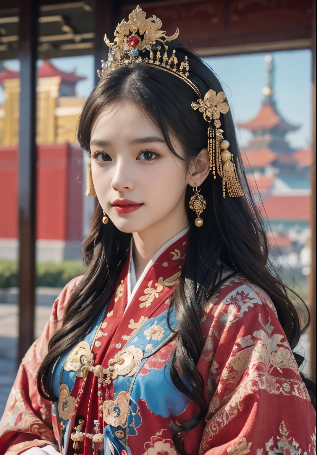 (Hyper-realistic 8K CG: 1.2), perfect work of art, Exquisite pattern, intricate details, (Unparalleled masterpiece, best quality: 1.2), (extremely complex: 1.2), Woman wearing sky blue and gold chinoiserie dress, Phoenix Crown, hair stick, blush, shy, Black_hair, (Forehead point), curtain, earrings, hanfu, jewelry, red lips, tassel, (red palace: 1.2), (Chinese architecture)