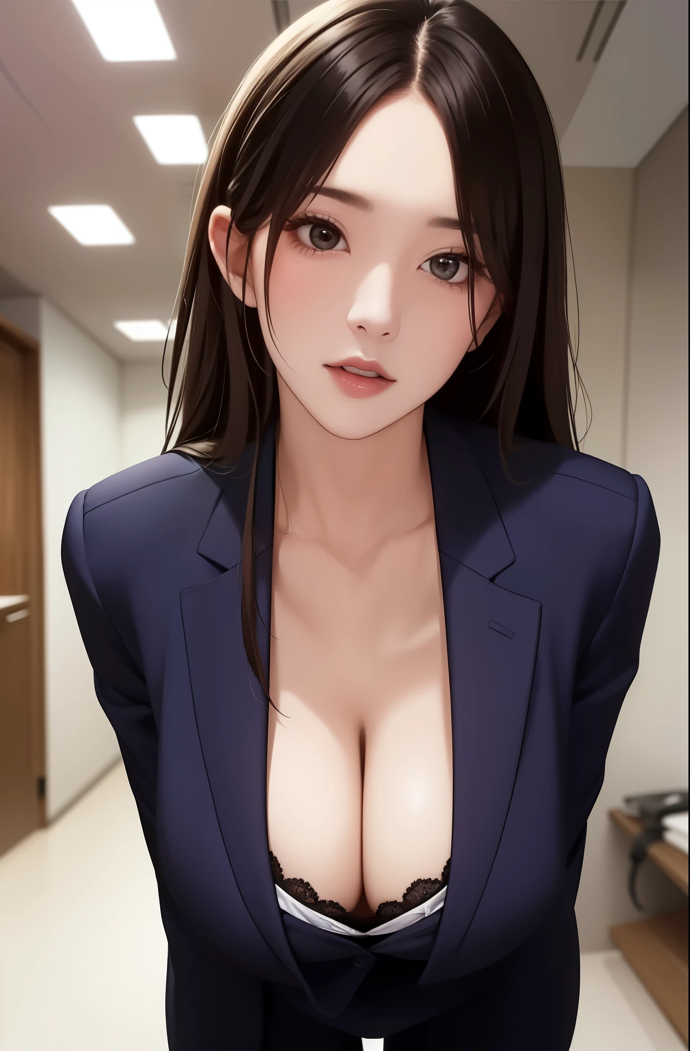 top-quality、​masterpiece、ultra res、cute girl face、Office Lady、wears a suit、full bodyesbian、Famous actresses、very beautif、A sexy,big breast, lean forward