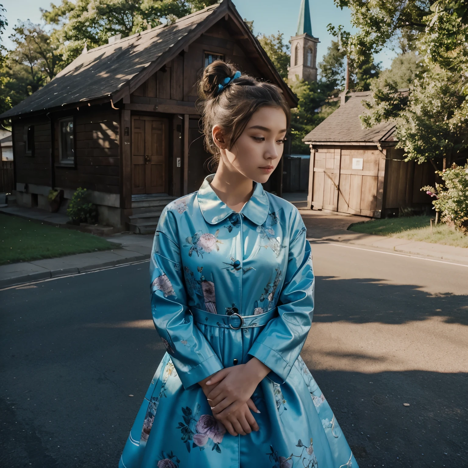 Landscape ratio. There's a church at the rightside and the first girl's shadow she's wearing floral coat, with bun hair she's staring at the beautiful girl that wears a shiny blue dress with bun and pearl earings