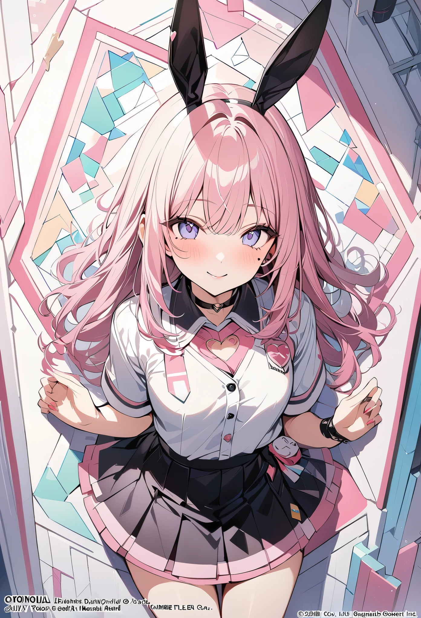 ,beautiful flower々),mole under eye, heart shaped choker, (masterpiece, highest quality), official art, beautiful and aesthetic: 1.2), (1 girl), very detailed, (geometry art: 1.3), colorful、pink bob hair、rabbit ears、 whole body、smile、university uniform