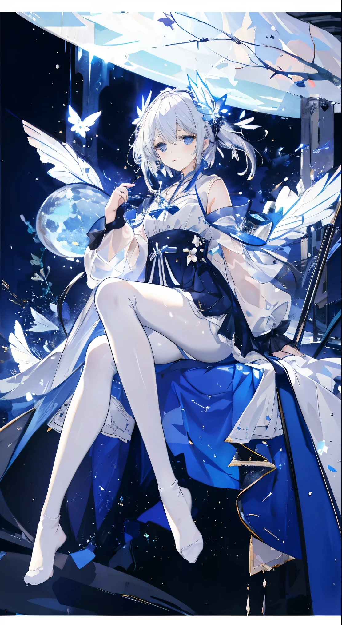 1 girl,starry sky, (White with luster (transparency:1.4) Crotchless pantyhose), moon, Picturesque aesthetic style,Blurred foreground,spark,white hair,blue eyes,no shoes,cross_leg,