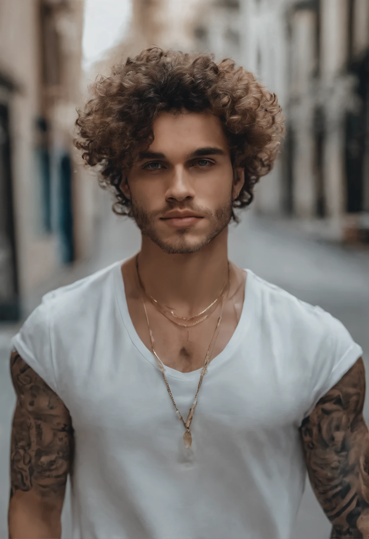 arafed man with curly hair, tattoos, and a blue shirt looking at the camera, rosto suado, no facial features, em um shopping, em torno de 1 9 anos, rosto desfocado detalhado, olhos baggy, olhos pesados para o lado, Foto selfie 8k, frontal camera, Cara sexy, , rosto muito detalhado, altamente_circunstanciado_rosto!!! in a sexy position