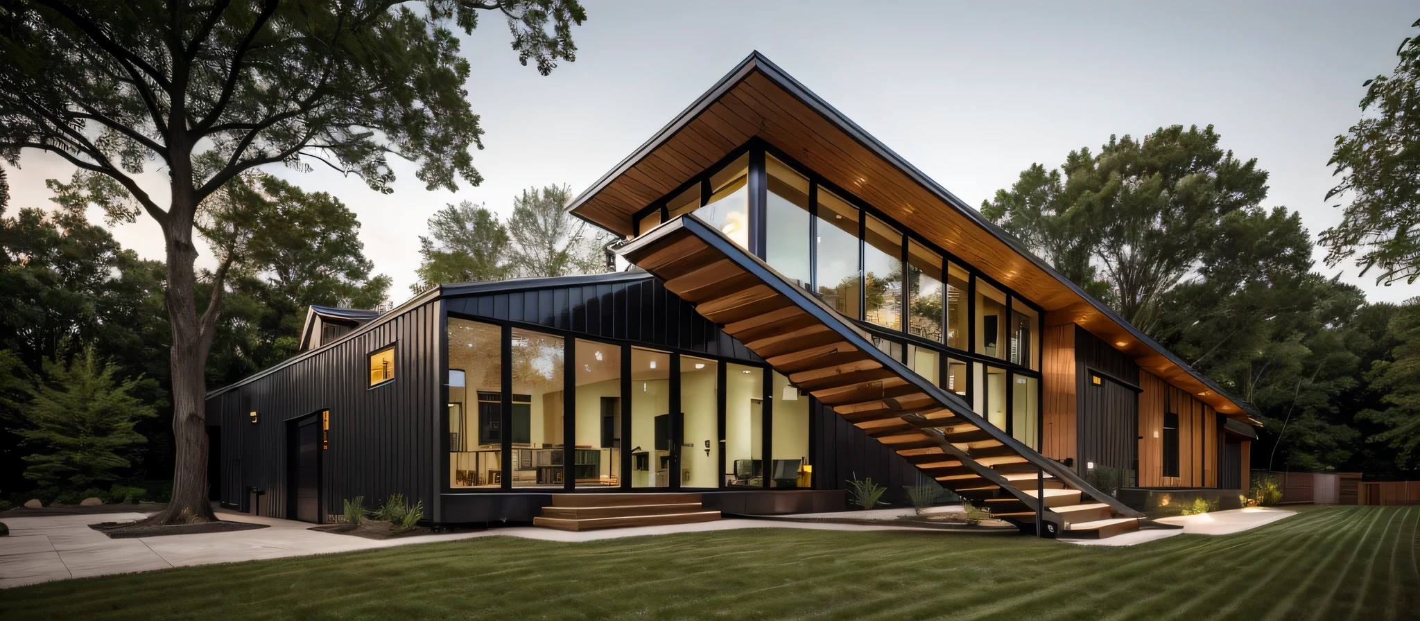 house exterior industry style, dark yellow and green color scheme, like an oldtime industry factory,raw materials, exposed structural elements, and simple, clean lines,rough-hewn steel, polished concrete, glass, and exposured brick,