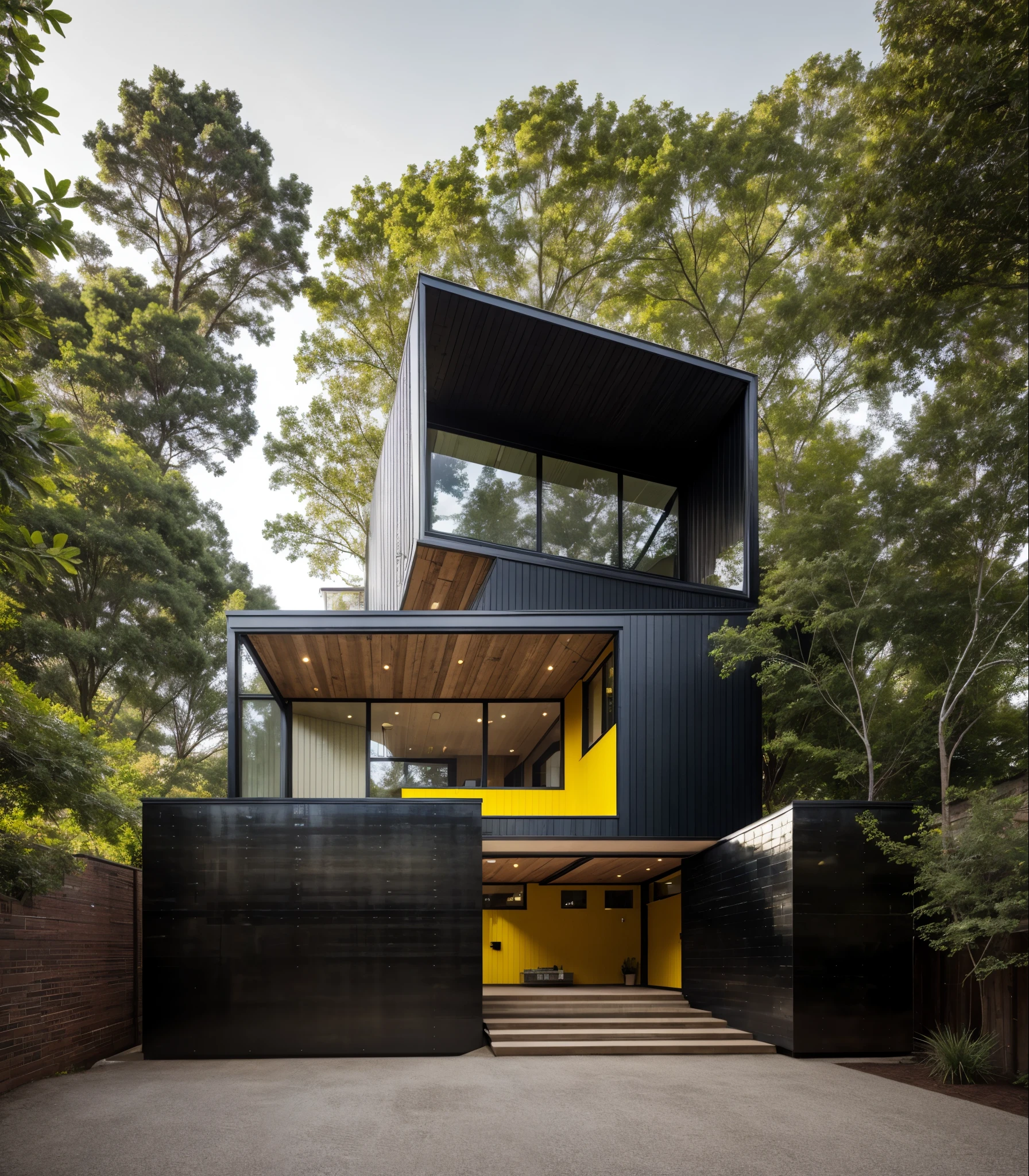 house exterior industry style, dark yellow and green color scheme, like an oldtime industry factory,raw materials, exposed structural elements, and simple, clean lines,rough-hewn steel, polished concrete, glass, and exposured brick,