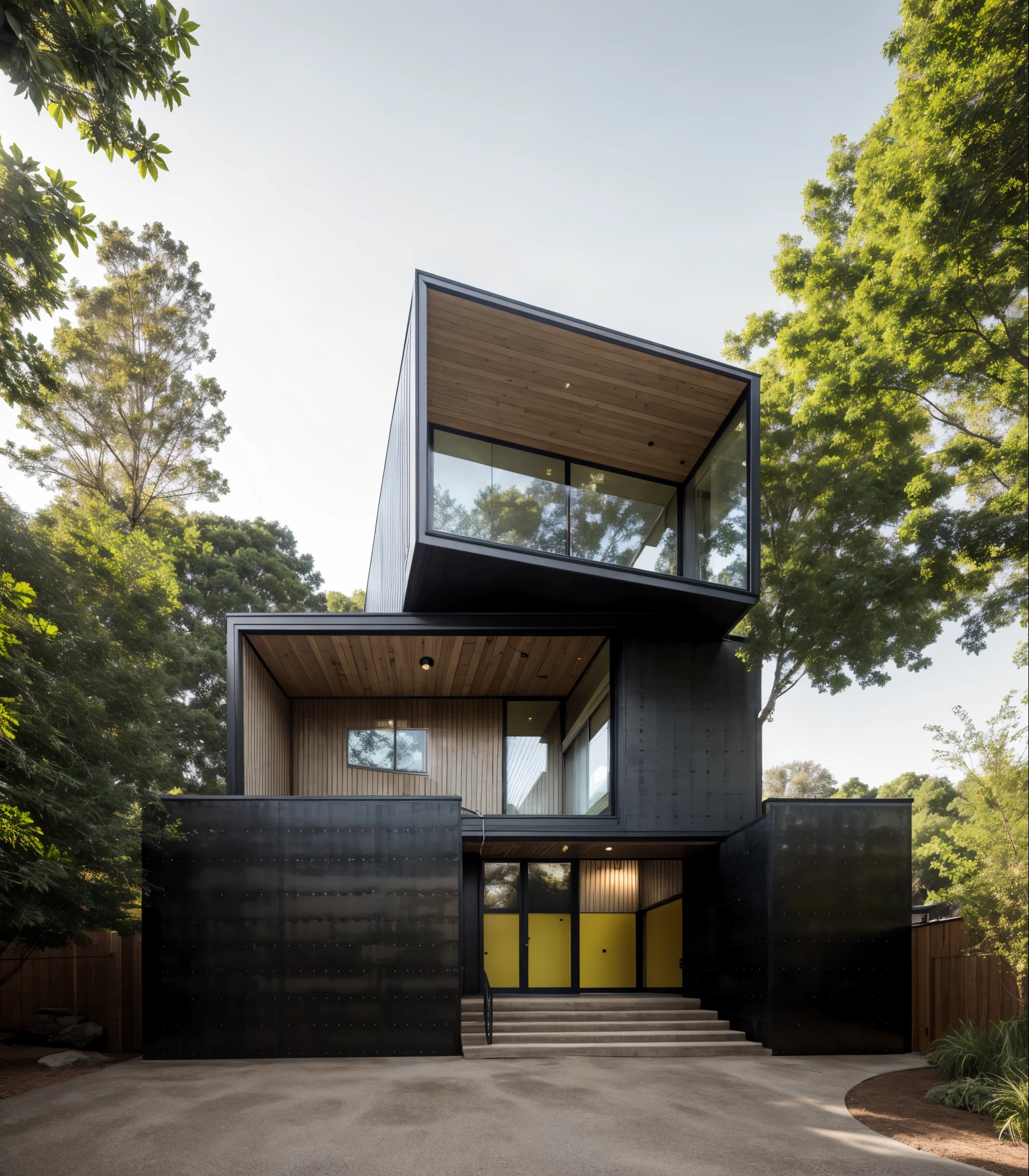 house exterior industry style, dark yellow and green color scheme, like an oldtime industry factory,raw materials, exposed structural elements, and simple, clean lines,rough-hewn steel, polished concrete, glass, and exposured brick,