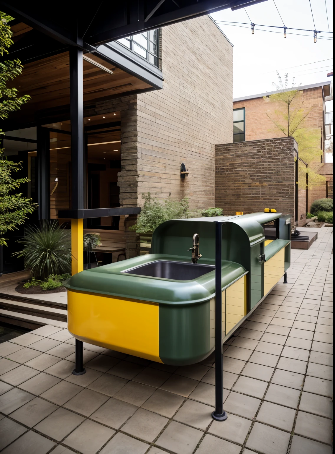 house exterior industry style, dark yellow and green color scheme, like an oldtime industry factory,raw materials, exposed structural elements, and simple, clean lines,rough-hewn steel, polished concrete, glass, and exposured brick,