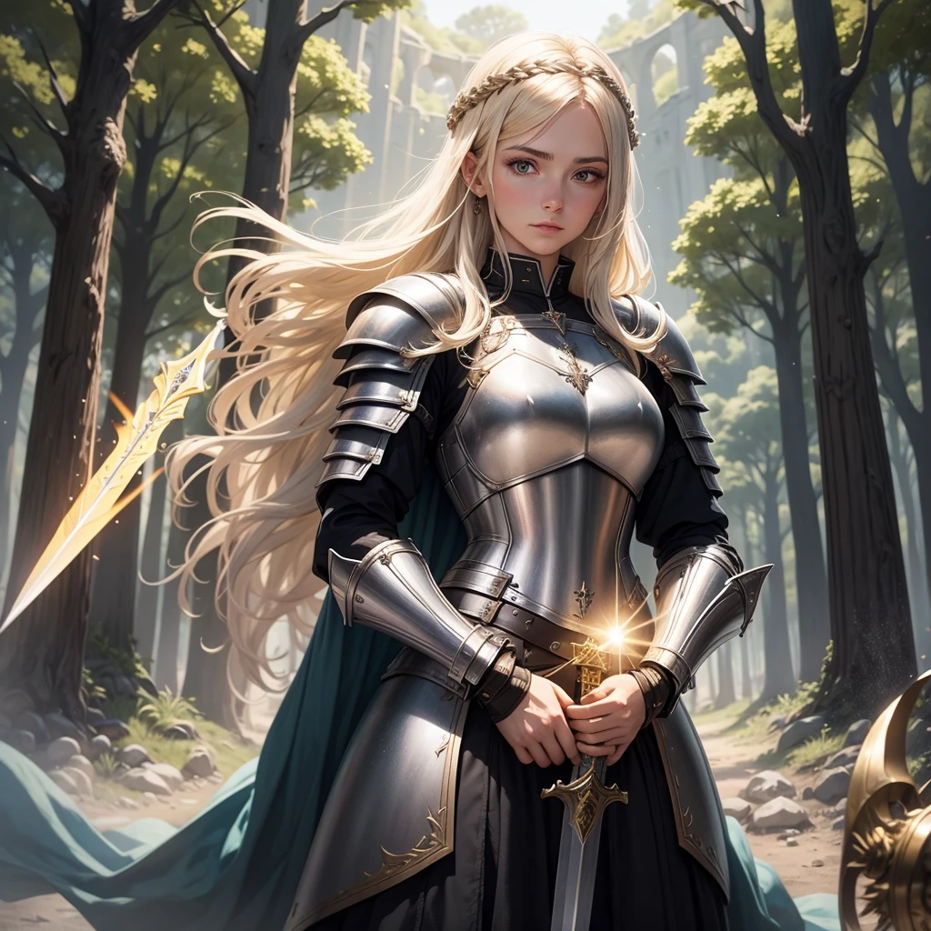 Paladin female soldier, medieval warrior female warrior wearing light attribute armor, magical world(The background is a small medieval town next to a forest)Holding the holy sword solemnly and domineeringly