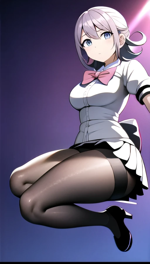 Anime girl sitting on a chair with a knife and a bow tie, surreal , chiaki nanami from danganronpa, High resolution!!, thighs!!!, by Kose Kanaoka, by Kamisaka Sekka, misato katsuragi, by Shinoda Toko, thighs!!!!!!, 2b, 2b