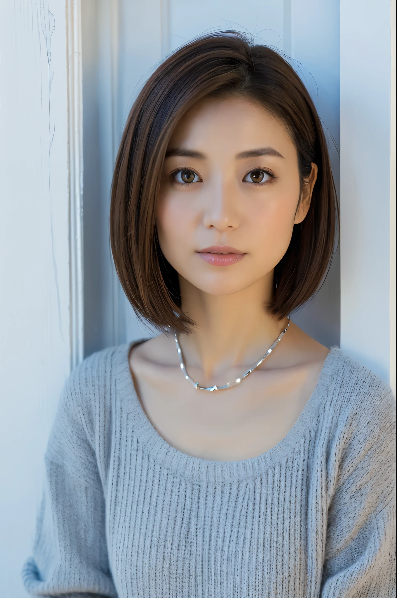 white wall, Taken in front of the white door, (white wall room with window), shot in natural light, Highly detailed face and skin texture, highly detailed lips, correct state of the human body, Super high resolution, (Photoreal:1.4), top quality, 1 beautiful woman, 30 years old, 100mm lens, Light Blue Knit, (Dark brown medium shorthair), Skinny Japanese woman with bob, (dark brown hair), Versatile poses, looking at the camera, natural color lip, Winter clothes, necklace