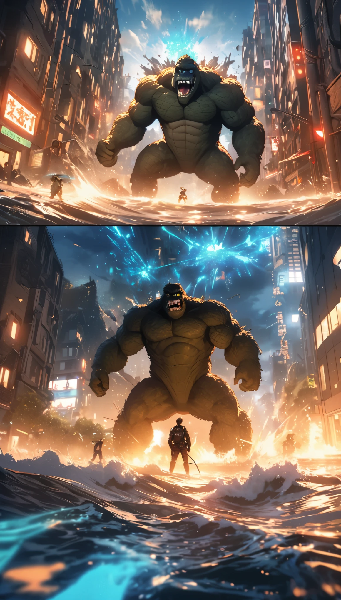 Rich details,King Kong vs. Godzilla,The dorsal fin is filled with blue energy,glow effect,Huge waves hit the city,explode,Red light soars into the sky,Broken and collapsed building,standing water,stone,exposed steel bars,electric spark,Aerial viewing angle,colorful,Rescue helicopters,depth of field,OC renderer,Movie lighting,Super fine,comics